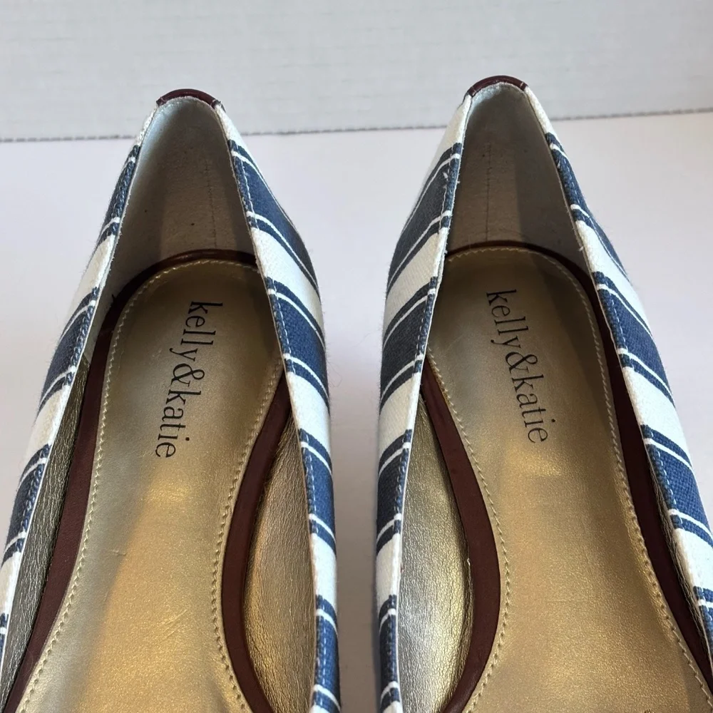 Kelly & Katie Women's Open Toe Low Wedge Cork Heel Blue White Stripe Fabric Shoe